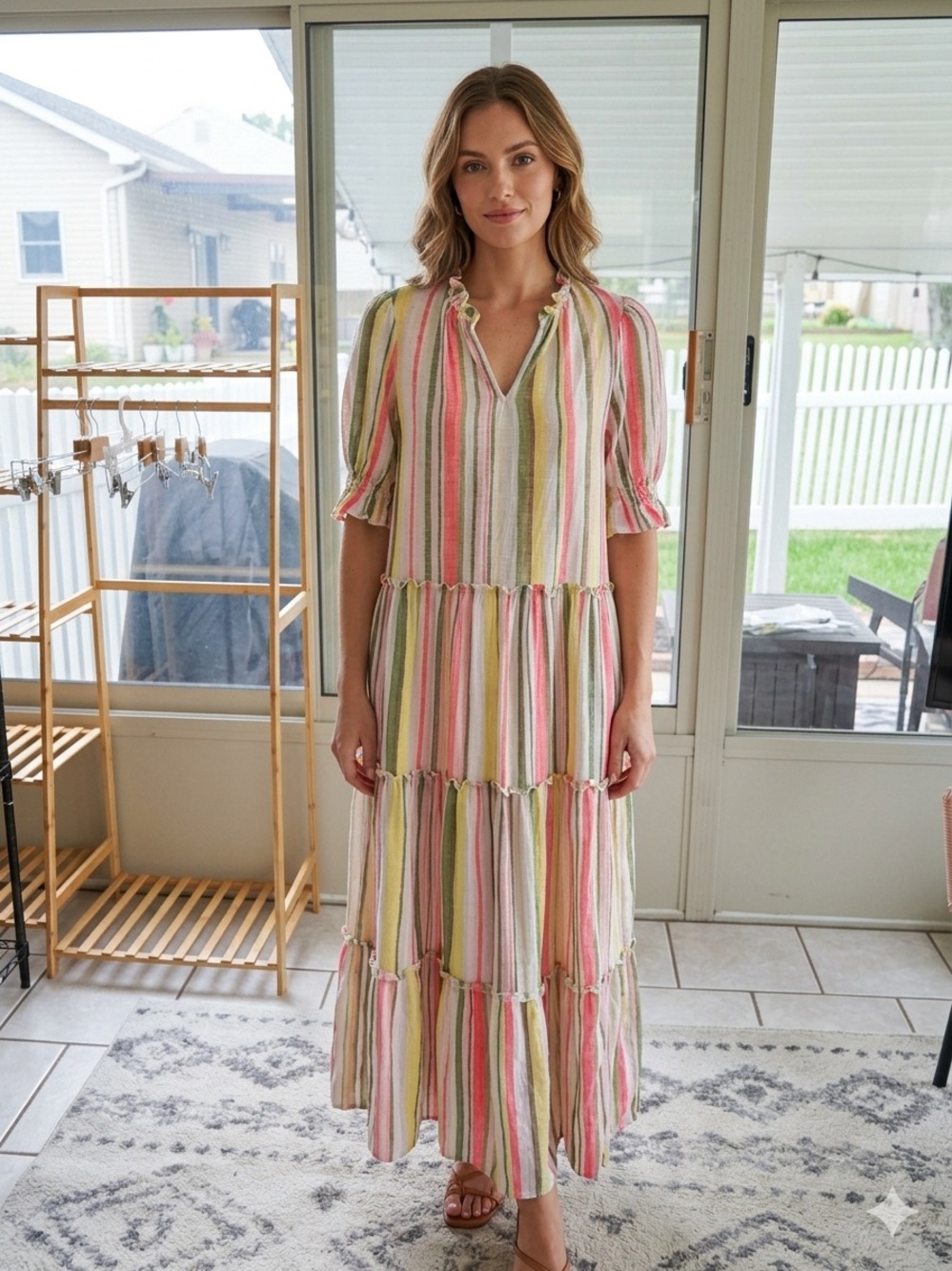 David Cline Striped Tiered Maxi Dress in Pink, Green & Cream